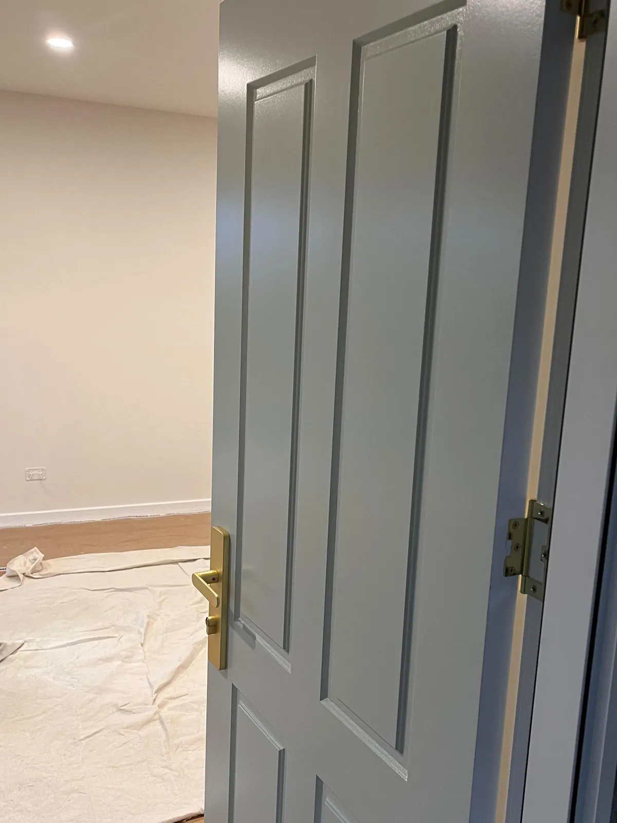 Spray-finished four-panel door open onto a white room